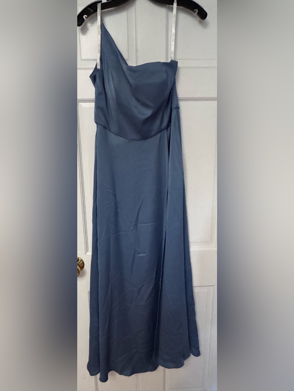 David's Bridal One-Shoulder Slate Blue Evening Gown